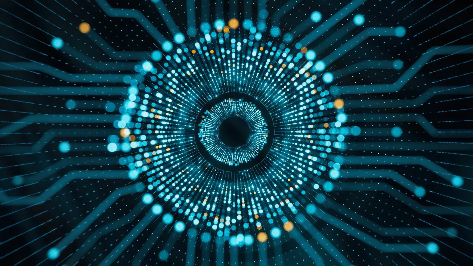 Interconnected nodes and light patterns representing advanced computational power and artificial intelligence logic.