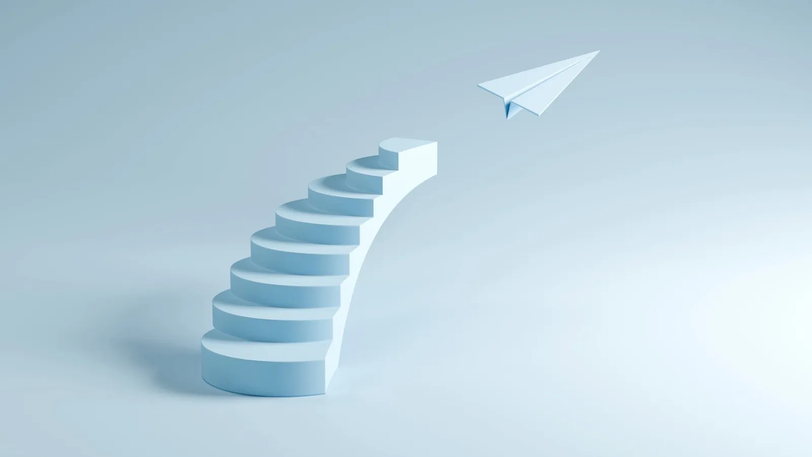 A staircase leading up to a flying paper plane illustrating how AI data annotation demands analytical skills beyond traditional localization