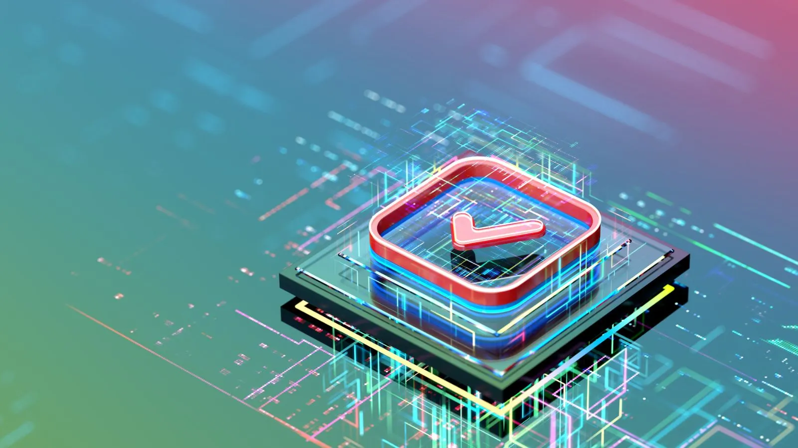 Digital checkbox icon on processor background for enforced quality in AI training
