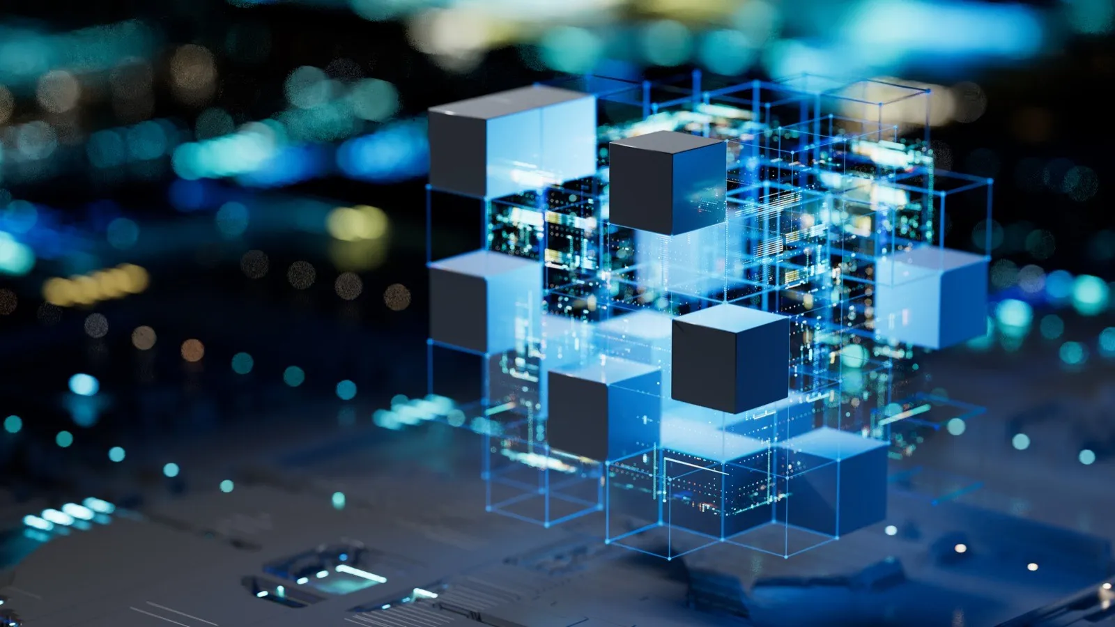 Glowing blue data blocks over a circuit board representing the shared documented evidence every AI regulation depends on