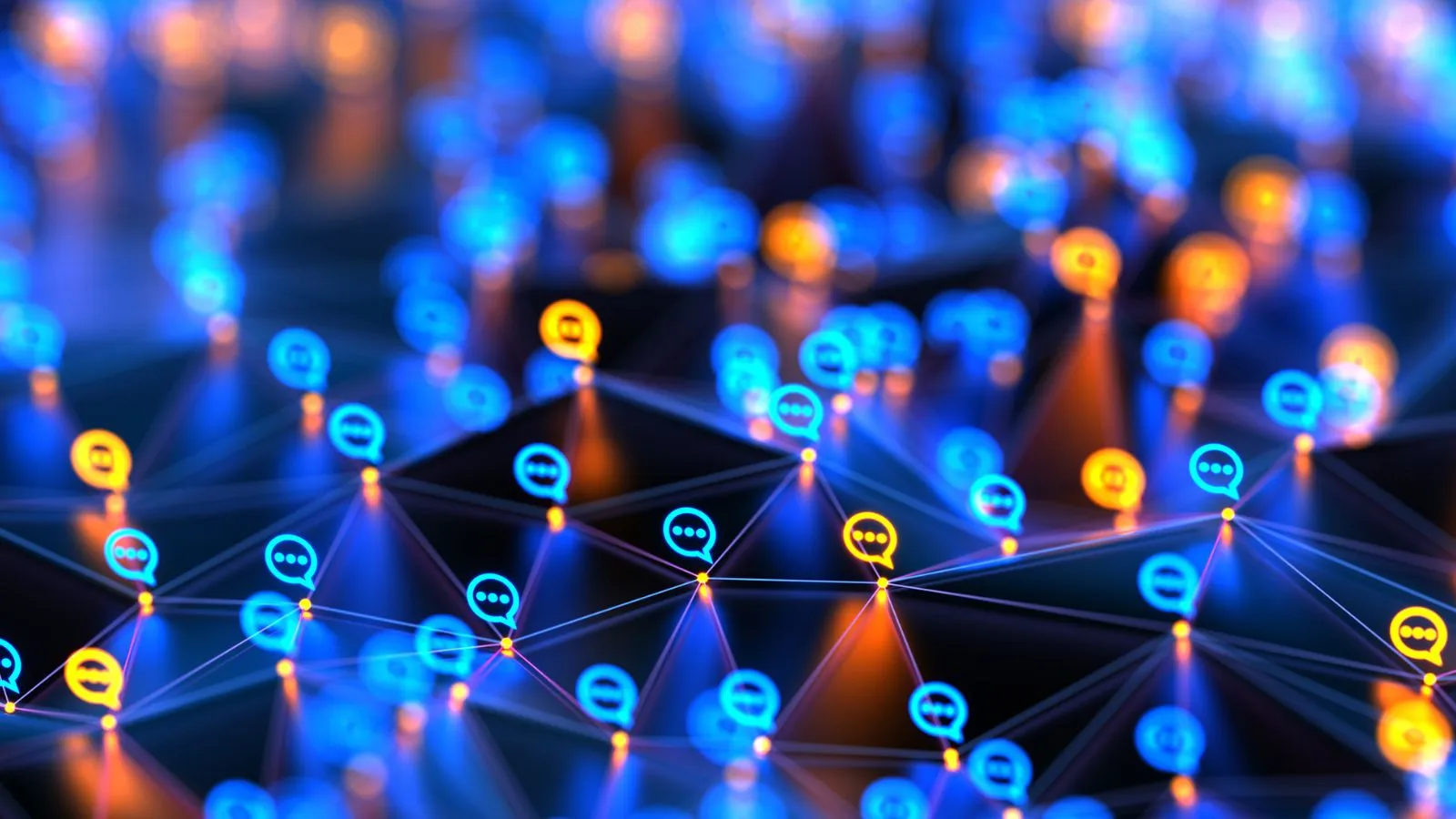 Chat and network icons representing multilingual communication data used in automated platforms