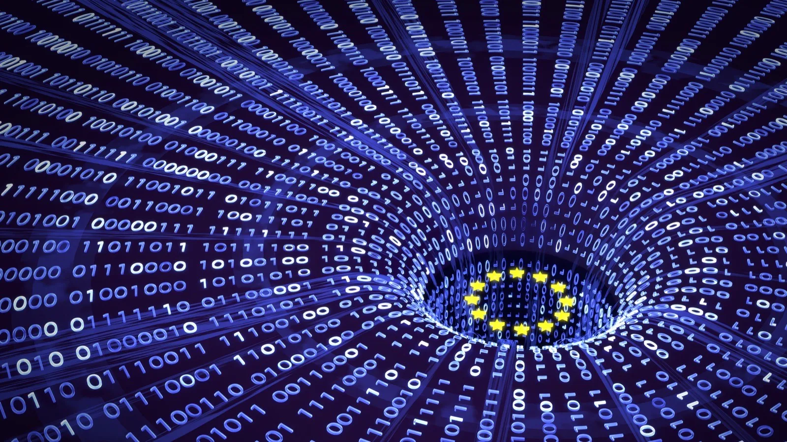 Streams of binary data funneling toward a ring of EU flag stars representing Europe's push for sovereign AI