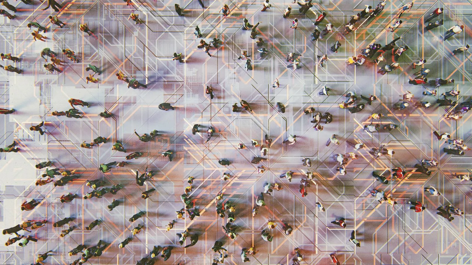 An overhead view of crowds of people crossing a plaza overlaid with circuit-board patterns, representing a crowded data-for-AI market